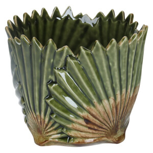 Gisela Graham Ceramic Pot Cover Antiqued Green Fan Leaf